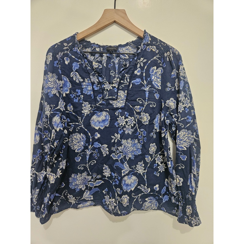 Talbots‎ Womens XL Blue Floral Cotton Split Neck Smocked Long Sleeve Blouse Top